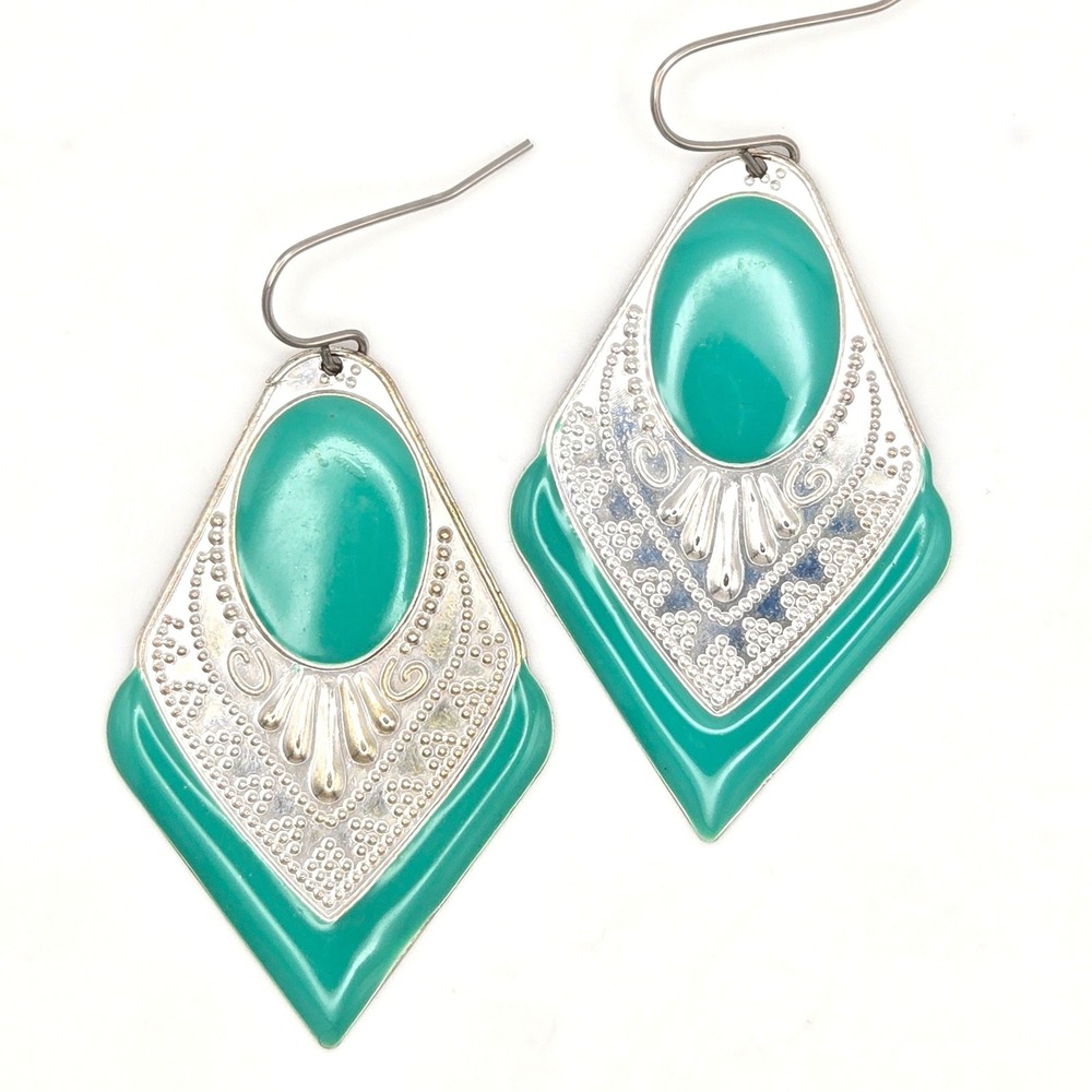 Silver Tone Teal Enamel Geometric Stamped Metal‎ Diamond Drop Dangle Earrings